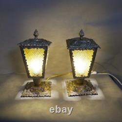 Vintage Pair Victorian Art Deco Outdoor Lanterns Ornate Brass & Amber Glass