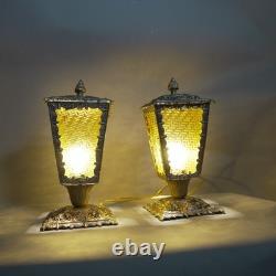 Vintage Pair Victorian Art Deco Outdoor Lanterns Ornate Brass & Amber Glass