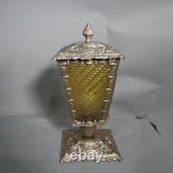 Vintage Pair Victorian Art Deco Outdoor Lanterns Ornate Brass & Amber Glass