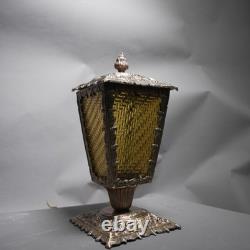 Vintage Pair Victorian Art Deco Outdoor Lanterns Ornate Brass & Amber Glass