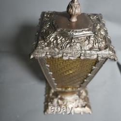 Vintage Pair Victorian Art Deco Outdoor Lanterns Ornate Brass & Amber Glass