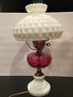 Vintage Parlor Fenton Ruby Red Pink Cranberry Coin Milk Glass Hurricane Lamps