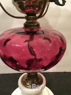 Vintage Parlor Fenton Ruby Red Pink Cranberry Coin Milk Glass Hurricane Lamps