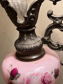 Vintage Pink Floral Antique Victorian Decorated Art Glass Ewer