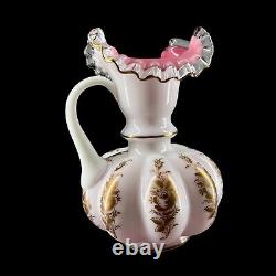 Vintage Rare Fenton Tyndale Peach Crest Water Pitcher Gold Roses & Ruffled Edge