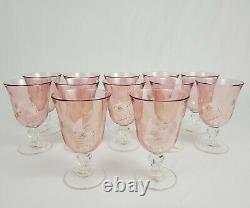 Vintage SC Line Italy Etched Pink Floral Wine Water Glass Goblet Set of 12