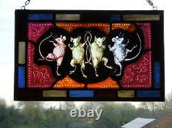 Vintage Stained Glass Fragment of Dancing Mice, Victorian, Medieval, Arts, Crafts
