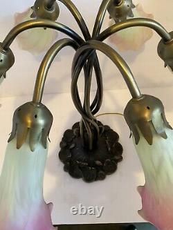 Vintage Tiffany Style Lilly Pad Lamp 6 Light Stained Art Glass Pink Tulip Shades