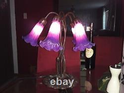 Vintage Tiffany Style Lilly Pad Lamp Stained Art Glass 5 Purple Tullips Shades