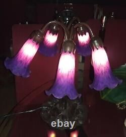 Vintage Tiffany Style Lilly Pad Lamp Stained Art Glass 5 Purple Tullips Shades