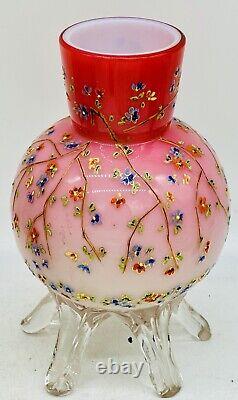 Vintage VICTORIAN ART GLASS VASE PINK FLORAL ENAMEL DECORATED W Pedestal Unique