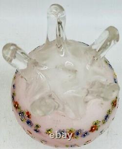 Vintage VICTORIAN ART GLASS VASE PINK FLORAL ENAMEL DECORATED W Pedestal Unique