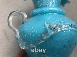 Vintage VICTORIAN GLASS Blue Vase Applied Handle Leaves SILVER MICA Silvercrest