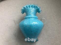 Vintage VICTORIAN GLASS Blue Vase Applied Handle Leaves SILVER MICA Silvercrest