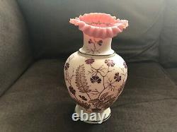 Vintage VICTORIAN GLASS Enamel Cranberry Overlay Vase Gold Floral Satin Milk