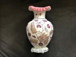 Vintage VICTORIAN GLASS Enamel Cranberry Overlay Vase Gold Floral Satin Milk