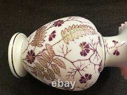 Vintage VICTORIAN GLASS Enamel Cranberry Overlay Vase Gold Floral Satin Milk