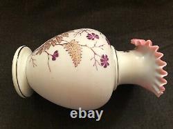 Vintage VICTORIAN GLASS Enamel Cranberry Overlay Vase Gold Floral Satin Milk