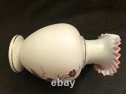 Vintage VICTORIAN GLASS Enamel Cranberry Overlay Vase Gold Floral Satin Milk