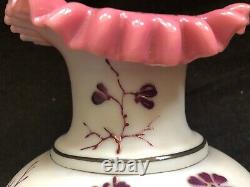 Vintage VICTORIAN GLASS Enamel Cranberry Overlay Vase Gold Floral Satin Milk