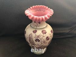 Vintage VICTORIAN GLASS Enamel Cranberry Overlay Vase Gold Floral Satin Milk