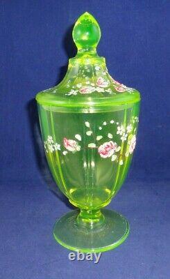 Vintage Vaseline Uranium Art Glass Covered Compote Hand Painted Victorian Dish