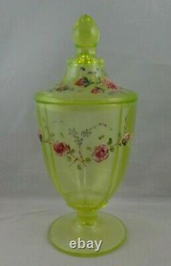 Vintage Vaseline Uranium Art Glass Covered Compote Hand Painted Victorian Dish