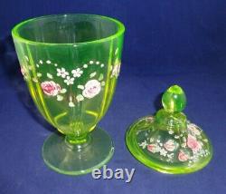 Vintage Vaseline Uranium Art Glass Covered Compote Hand Painted Victorian Dish