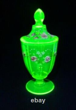 Vintage Vaseline Uranium Art Glass Covered Compote Hand Painted Victorian Dish