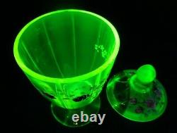 Vintage Vaseline Uranium Art Glass Covered Compote Hand Painted Victorian Dish