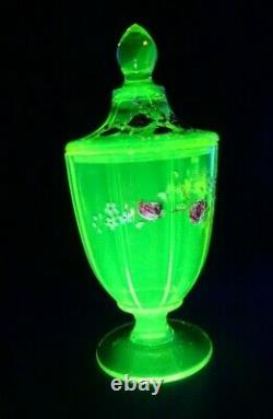 Vintage Vaseline Uranium Art Glass Covered Compote Hand Painted Victorian Dish