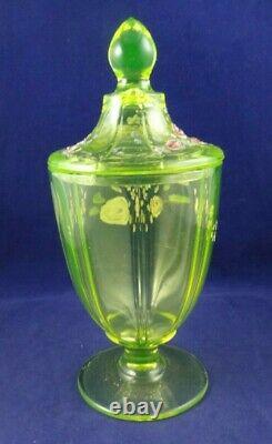 Vintage Vaseline Uranium Art Glass Covered Compote Hand Painted Victorian Dish