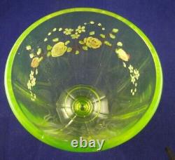 Vintage Vaseline Uranium Art Glass Covered Compote Hand Painted Victorian Dish