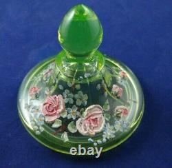 Vintage Vaseline Uranium Art Glass Covered Compote Hand Painted Victorian Dish