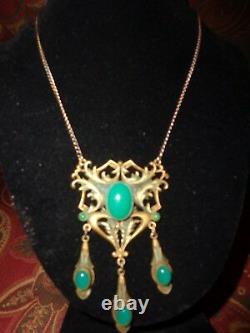 Vintage Victorian Art Nouveau Jade Glass Cab Drippy Necklace Old Estate