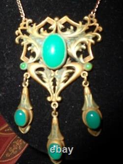 Vintage Victorian Art Nouveau Jade Glass Cab Drippy Necklace Old Estate