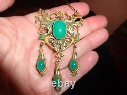 Vintage Victorian Art Nouveau Jade Glass Cab Drippy Necklace Old Estate