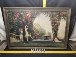 Vintage Victorian Art Print Litho Enchantment Ladies In Garden Framed Glass Vintage Victorian Art Print Litho Enchantment Ladies In Garden Framed Glass