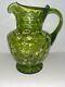 Vintage Victorian Blown Glass Green Optic Pitcher Hand Painted Enamel & Gold