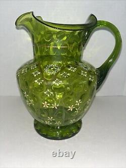 Vintage Victorian Blown Glass Green Optic Pitcher Hand Painted Enamel & Gold