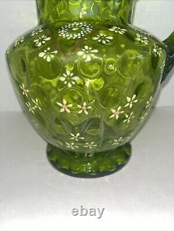 Vintage Victorian Blown Glass Green Optic Pitcher Hand Painted Enamel & Gold