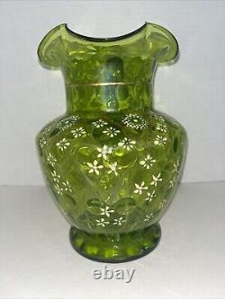 Vintage Victorian Blown Glass Green Optic Pitcher Hand Painted Enamel & Gold