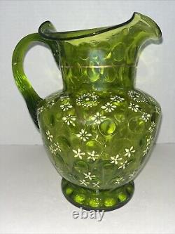 Vintage Victorian Blown Glass Green Optic Pitcher Hand Painted Enamel & Gold