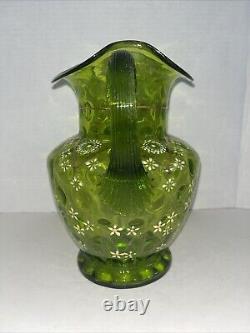 Vintage Victorian Blown Glass Green Optic Pitcher Hand Painted Enamel & Gold