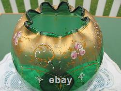 Vintage Victorian Bohemian Green Emerald Glass Palace Size Rose Bowl Vase