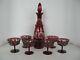 Vintage Victorian Bohemian Ruby Red Decanter Set, Stopper & 8 Stemware Cordials