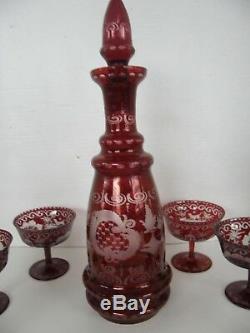 Vintage Victorian Bohemian Ruby Red Decanter Set, Stopper & 8 Stemware Cordials