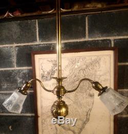 Vintage Victorian Brass Chandelier Light Fixture Art Deco Etched Frosted Glass
