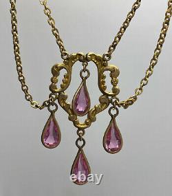 Vintage Victorian Deco Art Nouveau Crystal Pink Glass Dangle Festoon Necklace