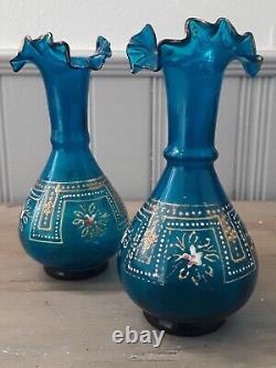 Vintage/Victorian Italian Venetian Ruffled Glass Enamel Hand Blown Vases